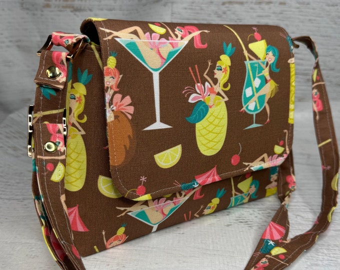 Tiki Drink Girls - Mini Crossbody or Shoulder Strap - Flap Closure - Adjustable Strap - Canvas - Purse - Handbag - Aloha Print
