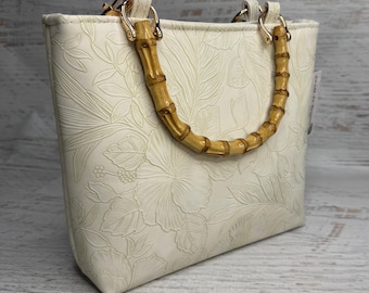 Paniola Collection: Cream - SMALL Embossed Hawaiian Print Vinyl Tote Bag with Bamboo Handles