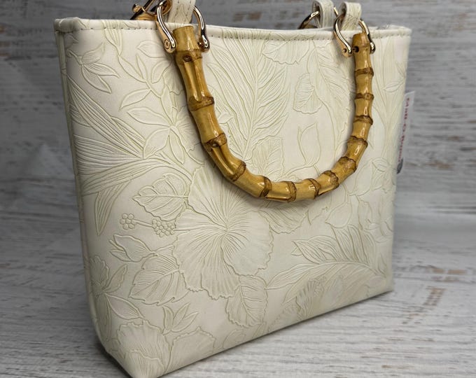 Paniola Collection: Cream - Embossed Hawaiian Print Vinyl Tote Bag with Bamboo Handles