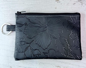 Paniola - Black - Coin Purse - Keychain - Wallet - Key Fob - Key Ring - Floral - Aloha Print - Hawaiian Print - Vinyl