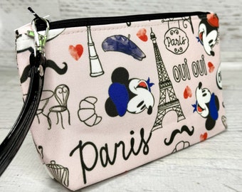Mickey Minnie in Paris - Recycled Canvas - Clutch - Zipper Pouch - Wristlet - Travel Bag - Official Licensed Disney Fabric