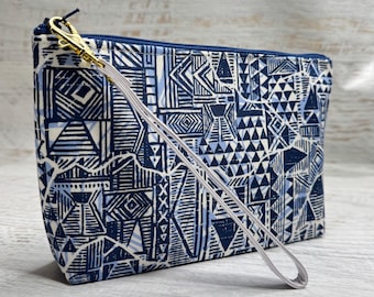 Blue Tapa Cloth - Cotton Woven Zippered Clutch Pouch Wristlet