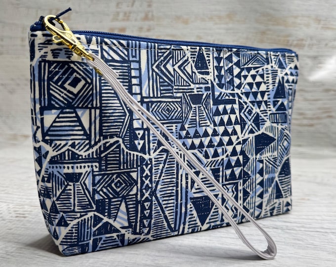 Blue Tapa Cloth - Cotton Woven Zippered Clutch Pouch Wristlet