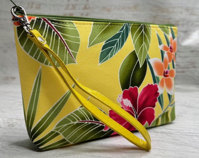 Yellow Tropical Hawaiian Print - Cotton Woven Zippered Clutch Pouch Wristlet