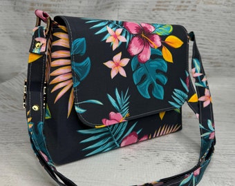 Navy Blue Hawaiian Hibiscus - Mini Crossbody or Shoulder Strap - Flap Closure - Adjustable Strap - Canvas - Purse - Handbag - Aloha Print