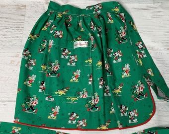 Mickey & Friends Christmas Day - Green - Half Apron - Pin Up Skirt Style - One Size Fits All Size 0 - 4X - Authentic Disney Licensed Fabric