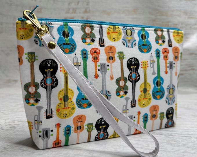 Acoustic Guitars on White - Cotton Woven Zippered Clutch Pouch Wristlet