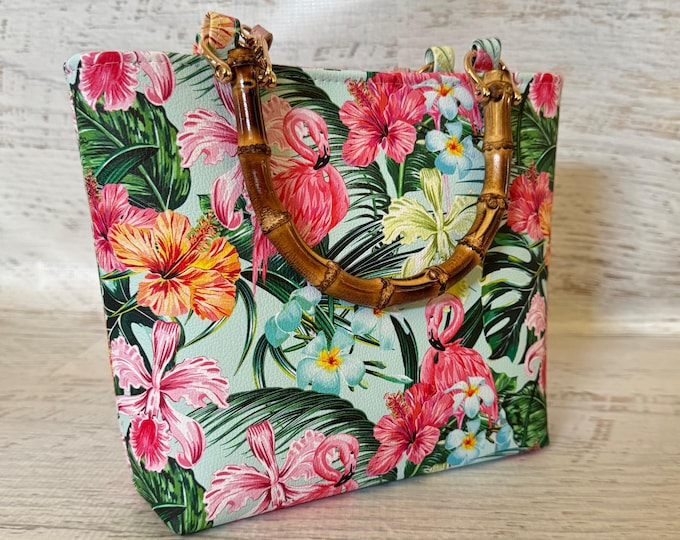 Pink Flamingos & Hibiscus Flowers - SMALL Vinyl Tote Bag with Bamboo Handles and Crossbody Strap