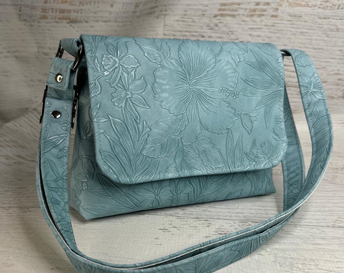 Paniola - Light Blue - Mini Crossbody or Shoulder Strap - Flap Closure - Adjustable Strap - Vinyl - Purse - Handbag - MCM - Aloha - Hibiscus