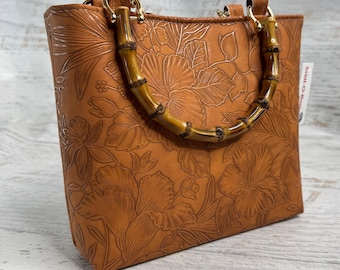 Paniola Collection: Orange | SMALL Embossed Hawaiian Print Vinyl Tote Bag with Bamboo Handles