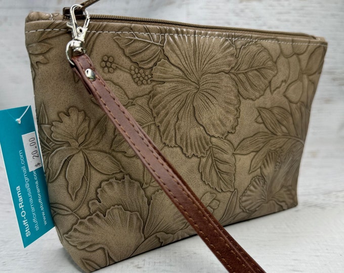 Paniola Collection: Smoky Brown Floral Embossed Vinyl Hawaiian Print Clutch Wristlet
