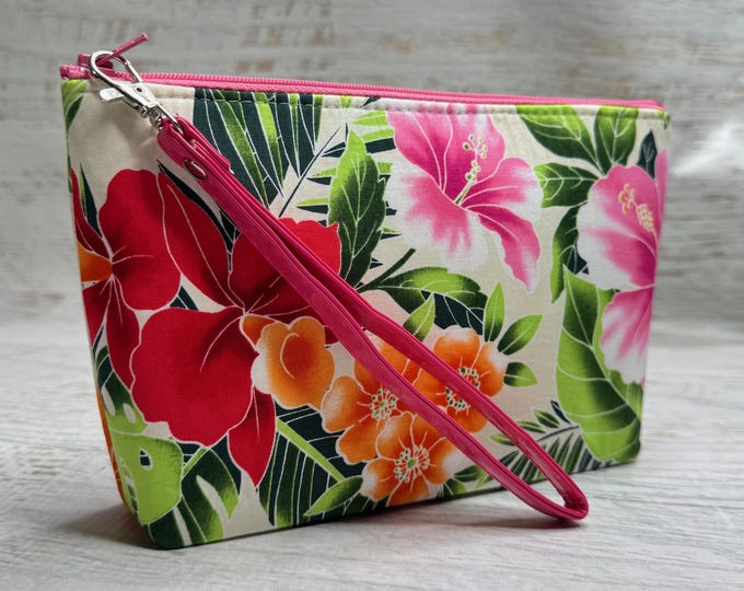 Hibiscus Hawaiian Print on Beige - Cotton Woven Zippered Clutch Pouch Wristlet