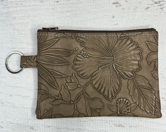 Paniola Collection: Smoky Brown Floral Embossed Vinyl Hawaiian Print Coin Purse Keychain