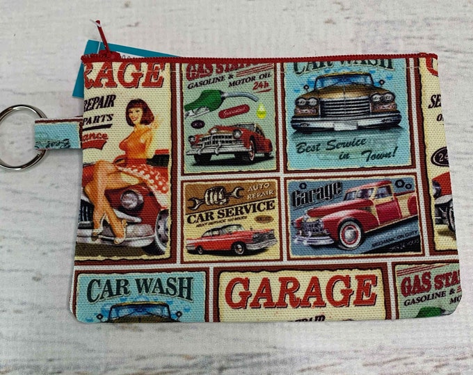 Vintage Hot Rod Garage - Cotton Canvas - Coin Purse - Keychain - Wallet - Key Fob - Key Ring - Aloha - Hawaiian Print