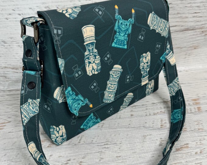 Spooky Haunted Tiki Mug Ghosts - Mini Crossbody or Shoulder Strap - Flap Closure - Adjustable Strap - Canvas - Purse - Handbag - Halloween