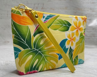 Floral Hawaiian Print on Yellow - Cotton Woven Zippered Clutch Pouch Wristlet