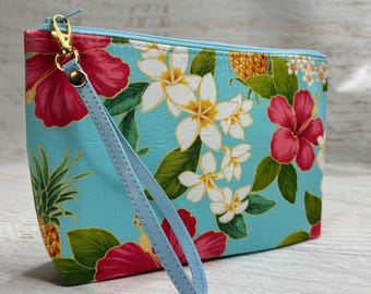 Hibiscus Flowers and Pineapples Blue | Cotton Woven Zippered Clutch Pouch Wristlet