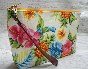Hibiscus Flowers and Pineapples Yellow - Cotton Woven Zippered Clutch Pouch Wristlet