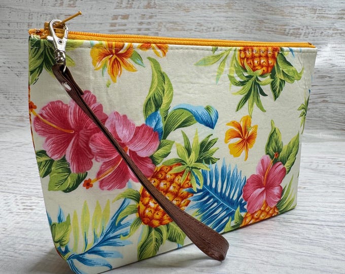 Hibiscus Flowers and Pineapples Yellow - Cotton Woven Zippered Clutch Pouch Wristlet