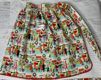 Merry Main Street - Half Apron - Pin Up Skirt Style - One Size Fits All - Size 0 - 4X - Christmas Shoppers
