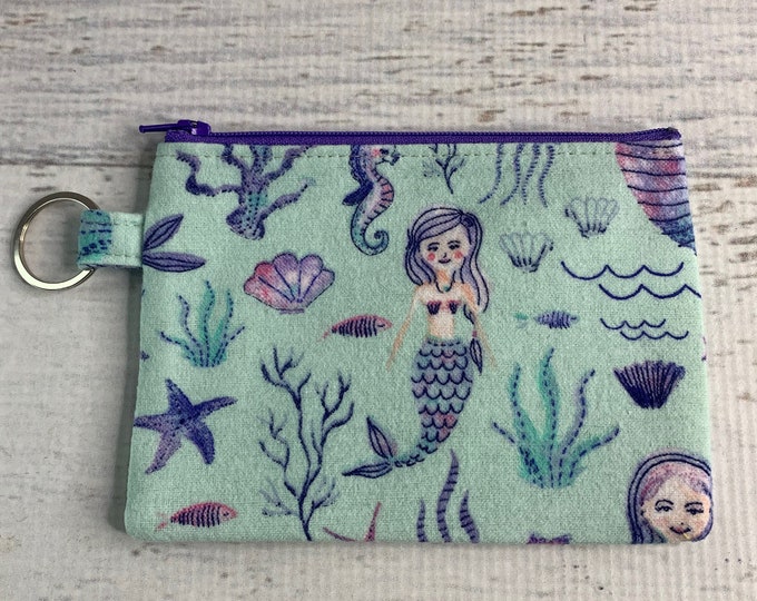 Mermaid - Cotton FLANNEL - Coin Purse - Keychain - Wallet - Key Fob - Key Ring - Siren - Sea Creatures