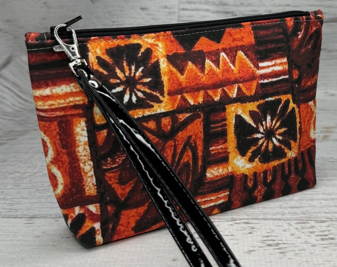 MidCentury Brown Tapa Cloth - Clutch - Zipper Pouch - Wristlet - Retro Hawaiian Print - Travel Bag - Tiki - Aloha Print - Tiki Bar