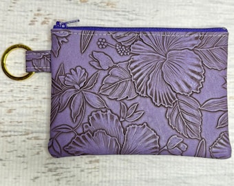 Paniola Collection: Purple Floral Embossed Vinyl Hawaiian Print Coin Purse Keychain