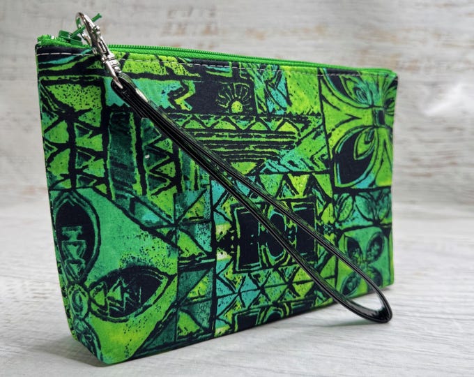 Green Black Blue Tapa Cloth - Cotton Woven Zippered Clutch Pouch Wristlet
