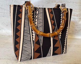 Tribal Tapa Black - SMALL Cotton Tote Bag with Bamboo Handles and Crossbody Strap