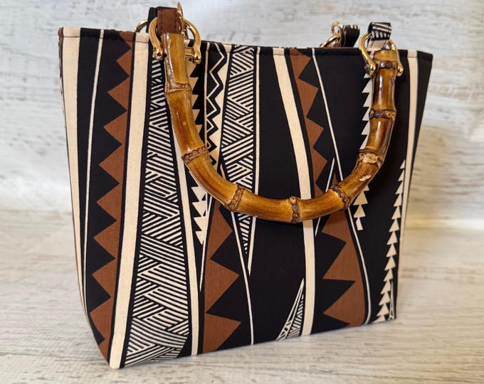 Tribal Tapa Black - SMALL Cotton Tote Bag with Bamboo Handles and Crossbody Strap