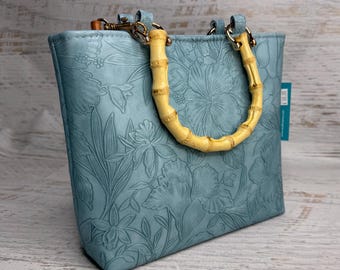 Paniola Collection: Light Blue - Embossed Hawaiian Print Vinyl Tote Bag with Bamboo Handles