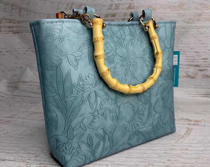 Paniola Collection: Light Blue - Embossed Hawaiian Print Vinyl Tote Bag with Bamboo Handles