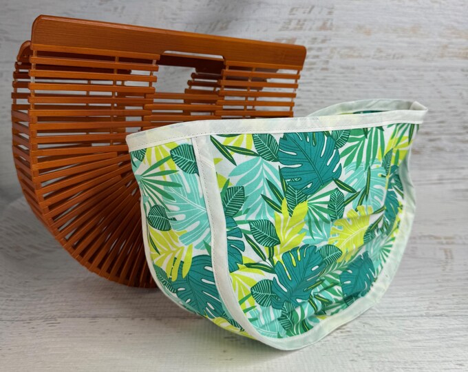 Bamboo Birdcage Purse with Hawaiian Print Liner - SMALL - Orange - Tropical Leaves