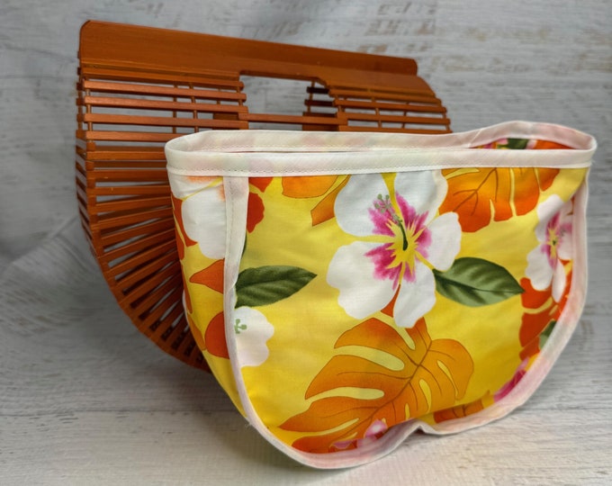 Bamboo Birdcage Purse with Hawaiian Print Liner - SMALL - Orange - Autumn Flowers - Hibiscus Plumeria