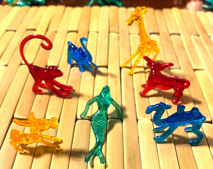 Cocktail Animals - Acrylic Plastic Drink Markers - Vintage 2000s - Asst. Colors - Mermaid Monkey Giraffe Elephant Donkey Camel Steer Squid