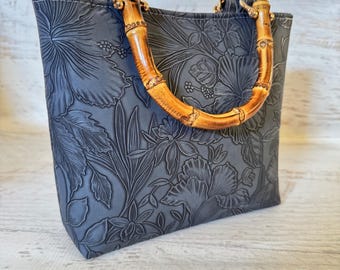 Paniola Collection: Blue Black | SMALL Embossed Hawaiian Print Vinyl Tote Bag with Bamboo Handles