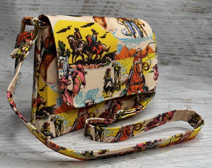 Rodeo TV Cowboys - Mini Crossbody or Shoulder Strap - Flap Closure - Adjustable Strap - Canvas - Purse - Handbag- Western - Old West - Retro