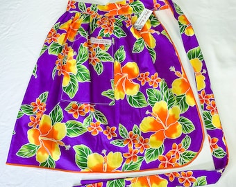 Tropical Flowers - Purple Orange Yellow Hibiscus Plumeria - Half Apron - Vintage Pin Up Skirt Style - One Size Fits All - Size 0 to 4X