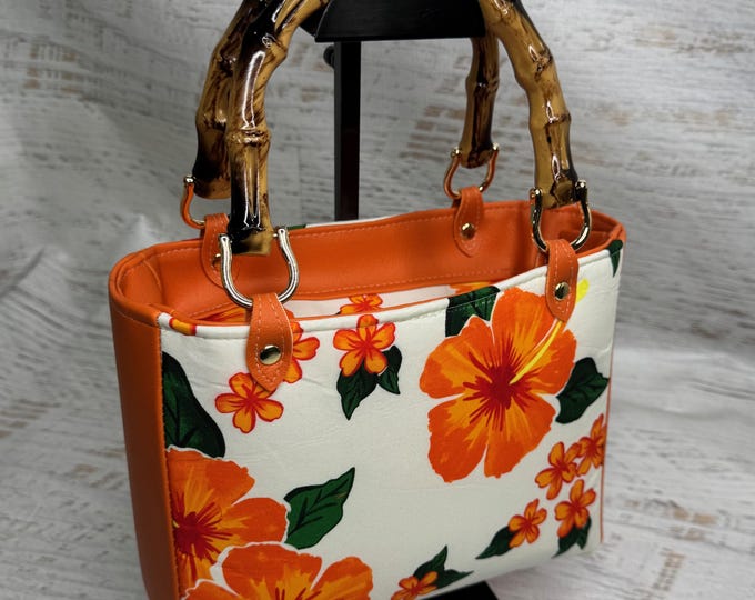 Orange Hibiscus Flower - Top Handled Handbag - Crossbody Purse - Zipper Closure with Charm - Hawaiian Aloha Print - Vintage Fabric - Vinyl