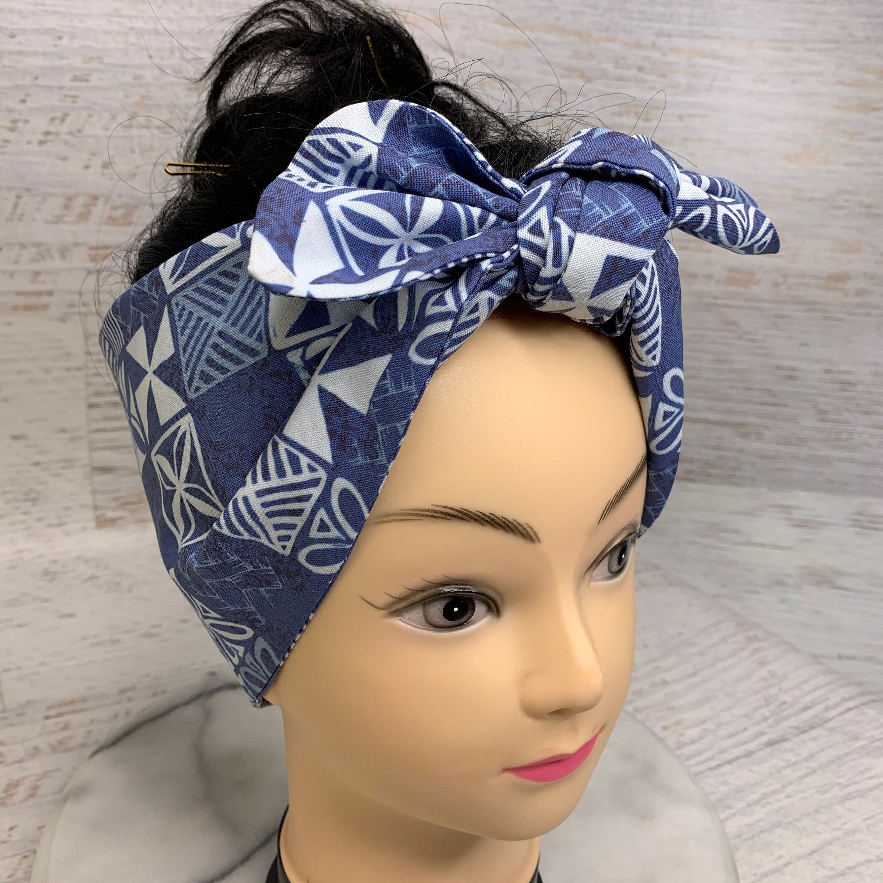 Tapa Cloth - Blue Oceanic- Pin Up Style Wide Head Scarf - Hair Wrap - Cotton - Aloha Print - Hawaiian Print - Tropical Tapa Cloth - Blue Oceanic- Pin Up Style Wide Head Scarf - Hair Wrap - Cotton - Aloha Print - Hawaiian Print - Tropical