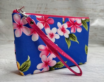 Yellow Pink Plumeria Blue Hawaiian Print - Cotton Woven Zippered Clutch Pouch Wristlet