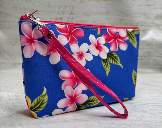 Yellow Pink Plumeria Blue Hawaiian Print - Cotton Woven Zippered Clutch Pouch Wristlet
