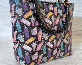 Space Cantina - Black  - Tiki Drinks - SMALL Vinyl Tote Bag with Bamboo Handles and Crossbody Strap