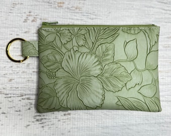 Paniola Collection: Spring Green Floral Embossed Vinyl Hawaiian Print Coin Purse Keychain