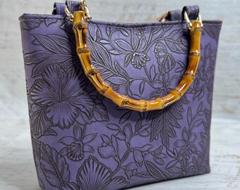 Paniola Collection: Purple - Embossed Hawaiian Print Vinyl Tote Bag with Bamboo Handles
