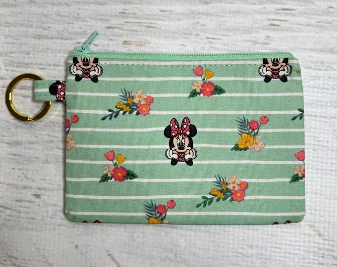 Minnie Mouse Floral - Stripes - Disney® Officially Licensed Fabric - Cotton Woven Coin Purse Keychain Fob Wallet