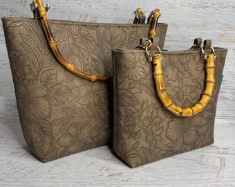Paniola Smoky Brown - Hawaiian Print - Tote Bag - Purse - Handbag - Crossbody - Embossed Tropical Flowers Vinyl - Tiki - MCM - Tropical