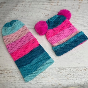 Knit Hat - Tropical Sea Stripes - toque - beanie - stocking cap - adult - toddler - Magenta Pinks Teal Turquoise - with or without Pom Pom