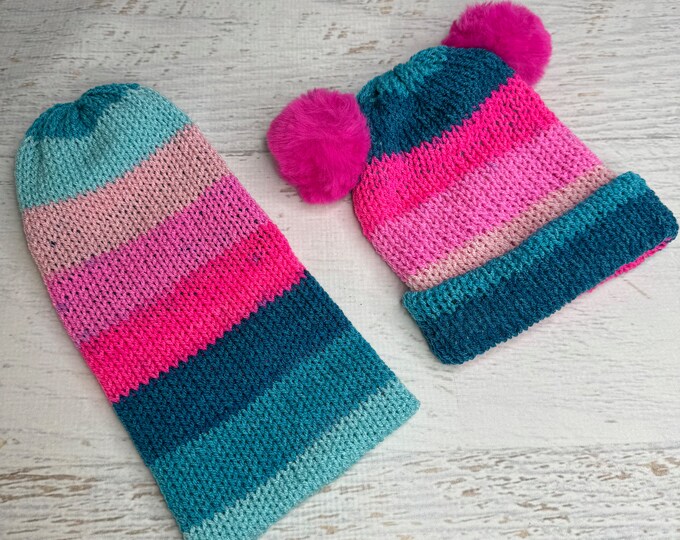 Knit Hat - Tropical Sea Stripes - toque - beanie - stocking cap - adult - toddler - Magenta Pinks Teal Turquoise - with or without Pom Pom