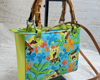 Sea Sponge Tropical Toss - Vinyl & Eco Canvas Handbag with Bamboo Handles and Crossbody Strap